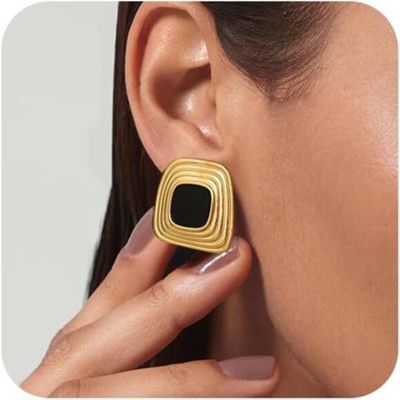 Vintage Gold Square Drop Earrings | 14K Gold Plated Hypoallergenic - Picture 1 of 6